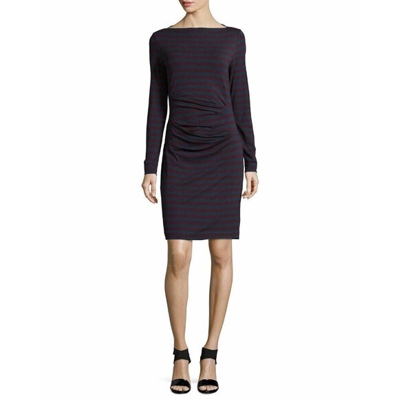NWT Nicole Miller Artelier Quinn Bateau Neck Striped Tucked Jersey Dress M $265 - Picture 2 of 6